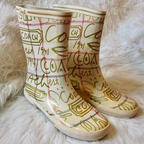 Coach Plaid Graffiti Rubber Rain Boots Ursula Womens 7B Cream Pink Green Pull On